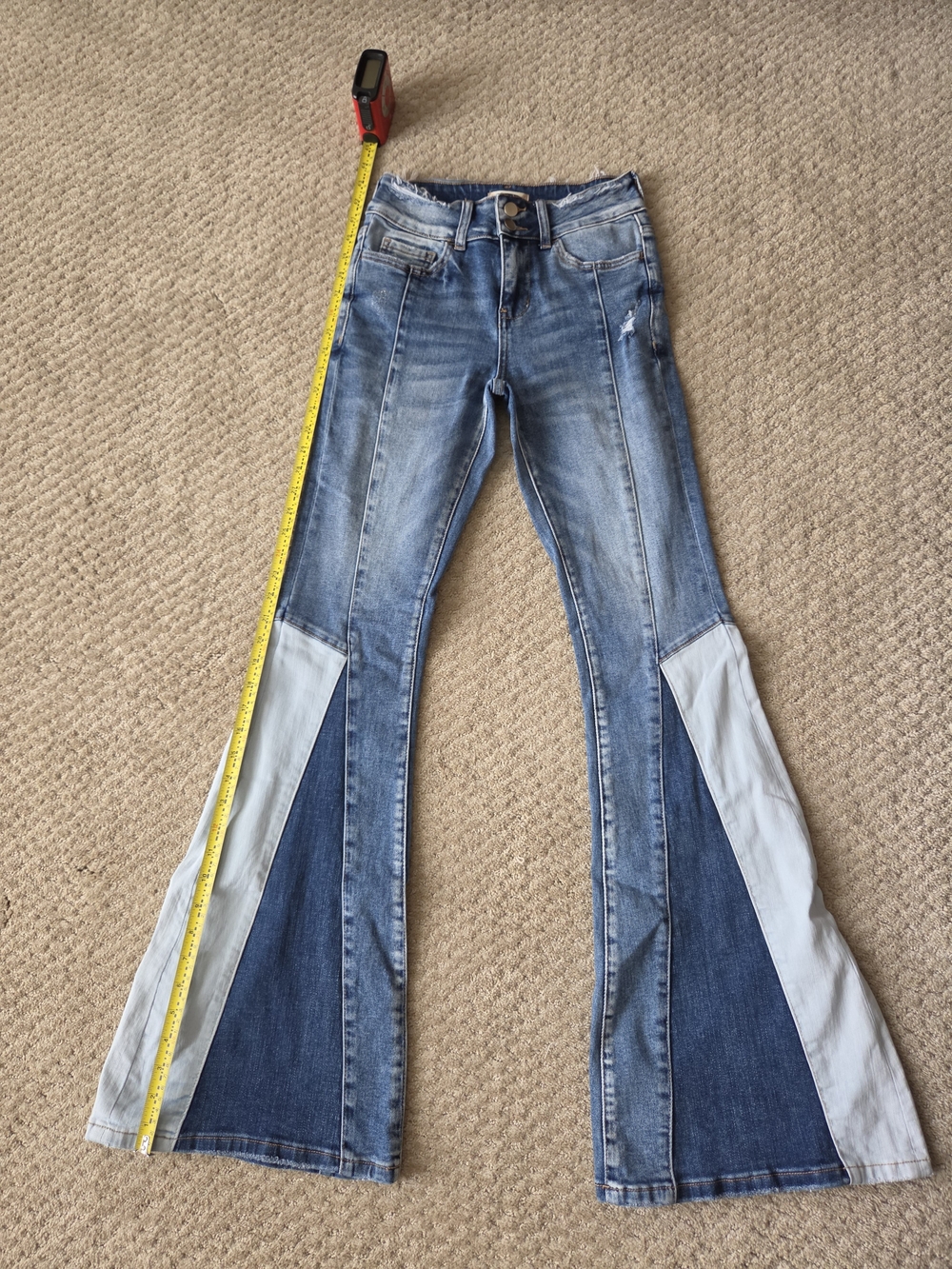 Altar'd State Patchwork Multi-Tone Blue Flare Jeans